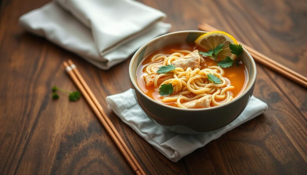 Serving chicken noodles with presentation tips Serving chicken noodles with presentation tips