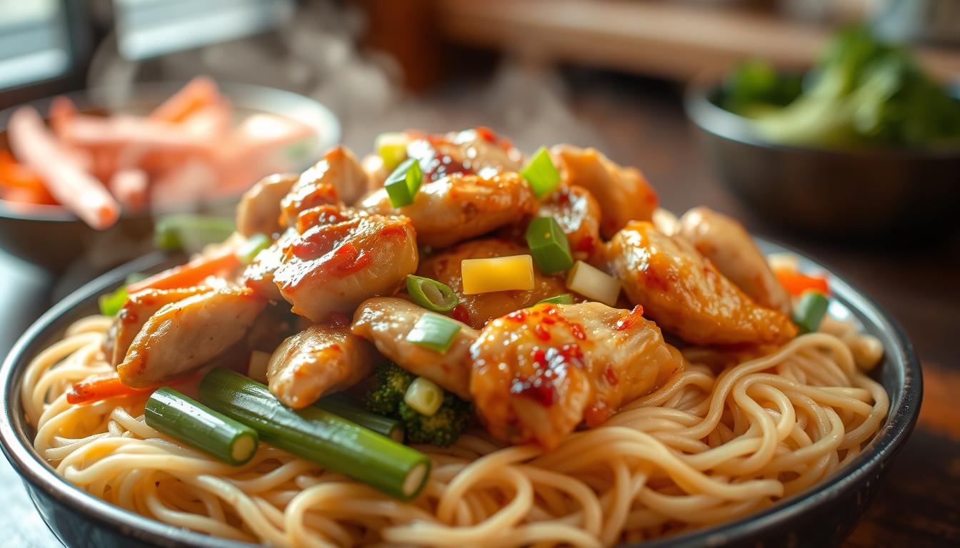 chicken on noodles