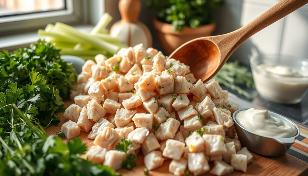 mixing chicken salad ingredients mixing chicken salad ingredients