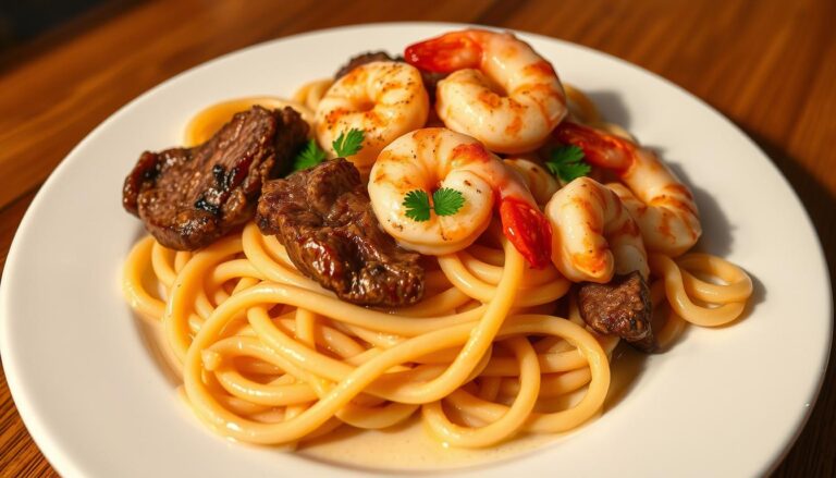 steak and shrimp pasta