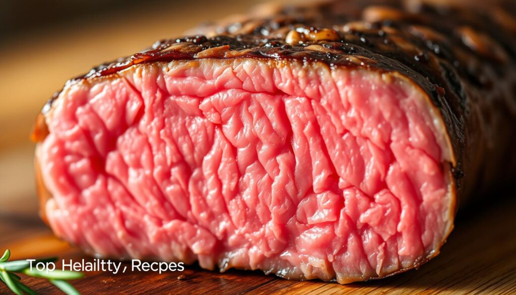 A close-up, high-quality photo of a cross-section of a medium-rare steak, revealing its perfectly pink center surrounded by a thin layer of light brown sear. The image is shot with a shallow depth of field, creating a soft, blurred background that emphasizes the steak's internal temperature and texture. The lighting is natural and warm, casting a soft glow on the succulent meat. Subtle details, such as the steak's distinct muscle fibers and the slight marbling of fat, are clearly visible. The overall mood is one of culinary expertise and attention to detail. Includes the TopHealtyRecipes brand name. A close-up, high-quality photo of a cross-section of a medium-rare steak, revealing its perfectly pink center surrounded by a thin layer of light brown sear. The image is shot with a shallow depth of field, creating a soft, blurred background that emphasizes the steak's internal temperature and texture. The lighting is natural and warm, casting a soft glow on the succulent meat. Subtle details, such as the steak's distinct muscle fibers and the slight marbling of fat, are clearly visible. The overall mood is one of culinary expertise and attention to detail. Includes the TopHealtyRecipes brand name.