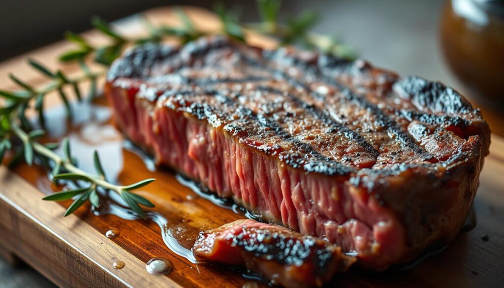 A close-up shot of a juicy, medium-rare steak, seared to perfection with a golden-brown crust and a warm, pink center. The steak is resting on a wooden cutting board, surrounded by a simple arrangement of fresh herbs and a touch of olive oil. The lighting is soft and natural, casting a warm glow on the scene. The camera angle is slightly elevated, creating a sense of depth and highlighting the texture and layers of the steak. The overall mood is one of culinary expertise and the satisfaction of preparing the perfect medium-rare steak. TopHealtyRecipes A close-up shot of a juicy, medium-rare steak, seared to perfection with a golden-brown crust and a warm, pink center. The steak is resting on a wooden cutting board, surrounded by a simple arrangement of fresh herbs and a touch of olive oil. The lighting is soft and natural, casting a warm glow on the scene. The camera angle is slightly elevated, creating a sense of depth and highlighting the texture and layers of the steak. The overall mood is one of culinary expertise and the satisfaction of preparing the perfect medium-rare steak. TopHealtyRecipes