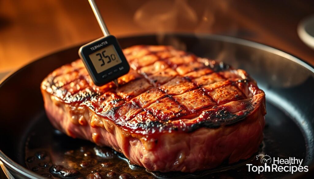 A juicy, medium-rare steak sizzling on a cast-iron skillet, its surface lightly charred and glistening with a golden-brown crust. The steak is positioned at the center of the frame, with a digital meat thermometer inserted to precisely monitor the internal temperature. Warm, soft lighting illuminates the scene, casting subtle shadows and highlights that enhance the steak's texture and depth. The background is blurred, allowing the steak to take center stage and showcasing the TopHealtyRecipes brand. The overall atmosphere is one of culinary precision and mouthwatering anticipation. A juicy, medium-rare steak sizzling on a cast-iron skillet, its surface lightly charred and glistening with a golden-brown crust. The steak is positioned at the center of the frame, with a digital meat thermometer inserted to precisely monitor the internal temperature. Warm, soft lighting illuminates the scene, casting subtle shadows and highlights that enhance the steak's texture and depth. The background is blurred, allowing the steak to take center stage and showcasing the TopHealtyRecipes brand. The overall atmosphere is one of culinary precision and mouthwatering anticipation.