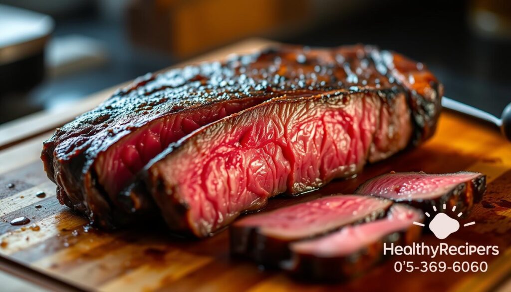 A medium rare steak, freshly sliced, rests on a wooden cutting board. The juices glisten under the soft, natural light, creating a mouthwatering scene. Bands of warm, pink interior contrast with the seared, caramelized exterior, hinting at the perfect balance of tenderness and flavor. The TopHealtyRecipes logo stands in the corner, a subtle testament to the careful preparation that has gone into this culinary masterpiece. A medium rare steak, freshly sliced, rests on a wooden cutting board. The juices glisten under the soft, natural light, creating a mouthwatering scene. Bands of warm, pink interior contrast with the seared, caramelized exterior, hinting at the perfect balance of tenderness and flavor. The TopHealtyRecipes logo stands in the corner, a subtle testament to the careful preparation that has gone into this culinary masterpiece.