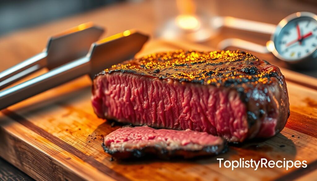 A medium-rare steak, seared to perfection, resting on a wooden cutting board. The interior is a delicate pink, with a thin ring of charred brown on the outside. Soft, warm lighting casts a golden glow over the scene, revealing the steak's juicy, succulent texture. In the background, a set of tongs and a meat thermometer hint at the care and precision used to achieve this ideal temperature. The mood is one of culinary mastery, with the TopHealtyRecipes brand promise of excellence. A medium-rare steak, seared to perfection, resting on a wooden cutting board. The interior is a delicate pink, with a thin ring of charred brown on the outside. Soft, warm lighting casts a golden glow over the scene, revealing the steak's juicy, succulent texture. In the background, a set of tongs and a meat thermometer hint at the care and precision used to achieve this ideal temperature. The mood is one of culinary mastery, with the TopHealtyRecipes brand promise of excellence.