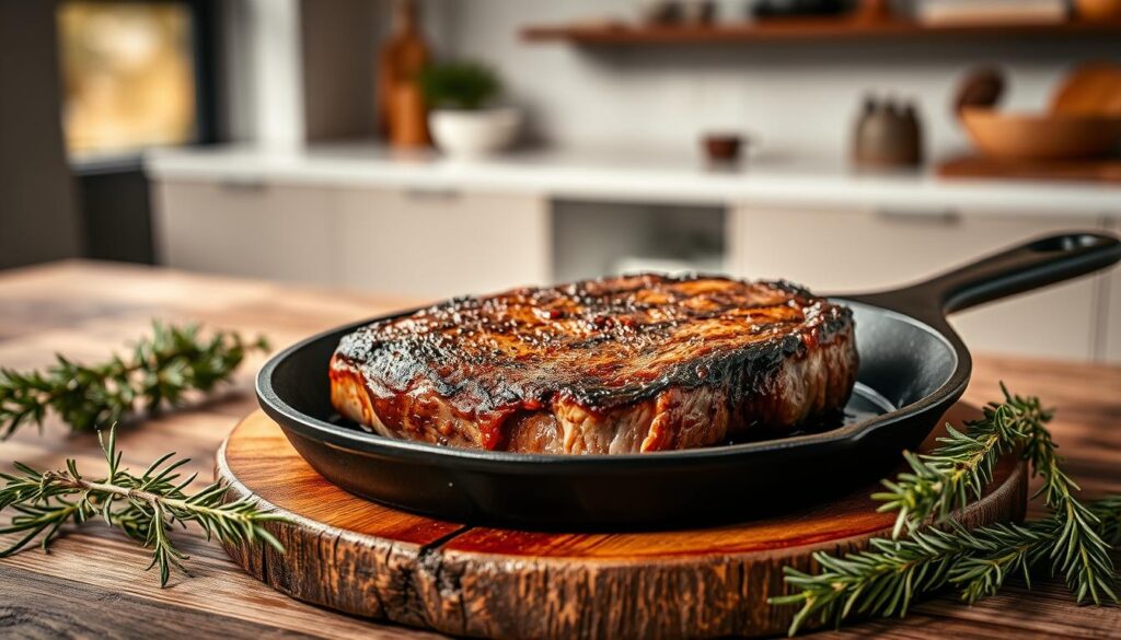 A medium well steak sizzling on a cast iron skillet, its surface caramelized and lightly charred. The skillet is perched atop a rustic wooden table, with a stack of fresh thyme and rosemary sprigs nearby. Soft, warm lighting bathes the scene, casting subtle shadows and highlights that accentuate the texture of the meat. In the background, a glimpse of a modern, minimalist kitchen, hinting at the artful preparation that has gone into this dish. The overall atmosphere exudes a sense of expertise and attention to detail, befitting the "TopHealtyRecipes" brand. A medium well steak sizzling on a cast iron skillet, its surface caramelized and lightly charred. The skillet is perched atop a rustic wooden table, with a stack of fresh thyme and rosemary sprigs nearby. Soft, warm lighting bathes the scene, casting subtle shadows and highlights that accentuate the texture of the meat. In the background, a glimpse of a modern, minimalist kitchen, hinting at the artful preparation that has gone into this dish. The overall atmosphere exudes a sense of expertise and attention to detail, befitting the "TopHealtyRecipes" brand.