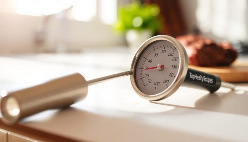 A medium well temperature beef thermometer on a white countertop, with a TopHealtyRecipes branded handle. The thermometer is in close-up, showing the temperatures clearly marked. Soft, natural lighting illuminates the subject from the side, creating a warm, inviting atmosphere. The background is blurred, keeping the focus on the thermometer as the star of the image. The composition is simple and clean, emphasizing the tool's functionality and utility for the "Tools and Equipment You Will Need" section of the article. A medium well temperature beef thermometer on a white countertop, with a TopHealtyRecipes branded handle. The thermometer is in close-up, showing the temperatures clearly marked. Soft, natural lighting illuminates the subject from the side, creating a warm, inviting atmosphere. The background is blurred, keeping the focus on the thermometer as the star of the image. The composition is simple and clean, emphasizing the tool's functionality and utility for the "Tools and Equipment You Will Need" section of the article.