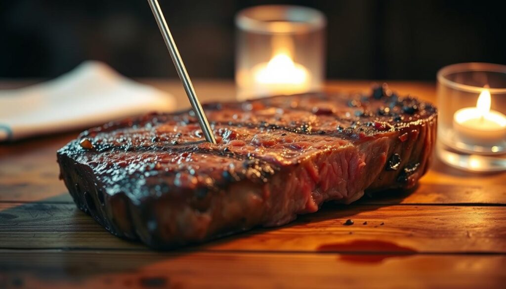 A steak resting on a rustic wooden table, with a silver meat thermometer precisely inserted into the center, revealing the medium-rare doneness. Soft, warm lighting casts a cozy glow, highlighting the juicy, pink interior of the cut. The thermometer's digital display shows the optimal temperature, guiding the chef to perfection. This scene, captured by a high-quality camera lens, embodies the "Using a Meat Thermometer" section of the "Achieve the Perfect Medium Rare Steak Temperature" article by TopHealtyRecipes. A steak resting on a rustic wooden table, with a silver meat thermometer precisely inserted into the center, revealing the medium-rare doneness. Soft, warm lighting casts a cozy glow, highlighting the juicy, pink interior of the cut. The thermometer's digital display shows the optimal temperature, guiding the chef to perfection. This scene, captured by a high-quality camera lens, embodies the "Using a Meat Thermometer" section of the "Achieve the Perfect Medium Rare Steak Temperature" article by TopHealtyRecipes.
