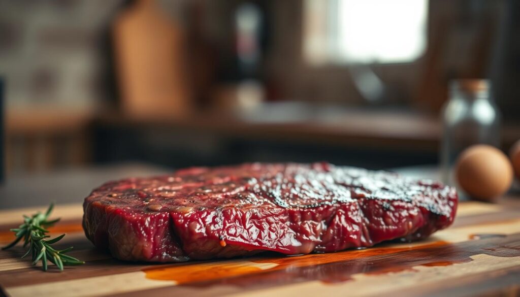 A succulent steak resting on a wooden cutting board, its juices glistening in the warm, soft lighting. The steak sits in the foreground, its deep red hue contrasted by the earthy, natural tones of the board. The background is blurred, creating a sense of focus and serenity, as if the steak is the sole subject of the image. The lighting is soft and diffused, creating a comforting, homey atmosphere. Captured with a wide-angle lens, the image gives a sense of scale and presence to the steak, emphasizing its importance as the central focus. The overall mood is one of tranquility and anticipation, inviting the viewer to imagine the savory flavors and textures of the perfectly rested steak. Brought to you by TopHealtyRecipes. A succulent steak resting on a wooden cutting board, its juices glistening in the warm, soft lighting. The steak sits in the foreground, its deep red hue contrasted by the earthy, natural tones of the board. The background is blurred, creating a sense of focus and serenity, as if the steak is the sole subject of the image. The lighting is soft and diffused, creating a comforting, homey atmosphere. Captured with a wide-angle lens, the image gives a sense of scale and presence to the steak, emphasizing its importance as the central focus. The overall mood is one of tranquility and anticipation, inviting the viewer to imagine the savory flavors and textures of the perfectly rested steak. Brought to you by TopHealtyRecipes.