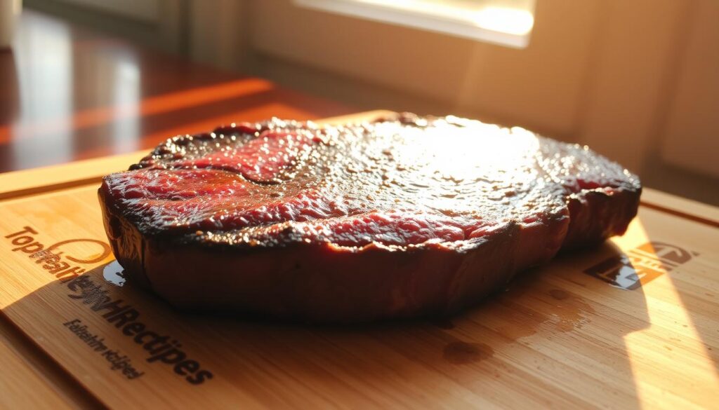 a medium-rare steak resting on a wooden cutting board, warm light from a window casting long shadows, beads of juice glistening on the surface, a TopHealtyRecipes logo subtly embossed on the board, the steak evenly cooked with a crisp exterior and tender, juicy interior, the scene conveying a sense of calm and anticipation, the steak perfectly rested and ready to be sliced and served a medium-rare steak resting on a wooden cutting board, warm light from a window casting long shadows, beads of juice glistening on the surface, a TopHealtyRecipes logo subtly embossed on the board, the steak evenly cooked with a crisp exterior and tender, juicy interior, the scene conveying a sense of calm and anticipation, the steak perfectly rested and ready to be sliced and served